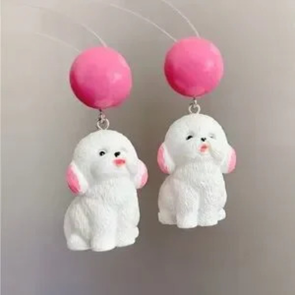 Playful Cute Puppy Dog Pink Earrings